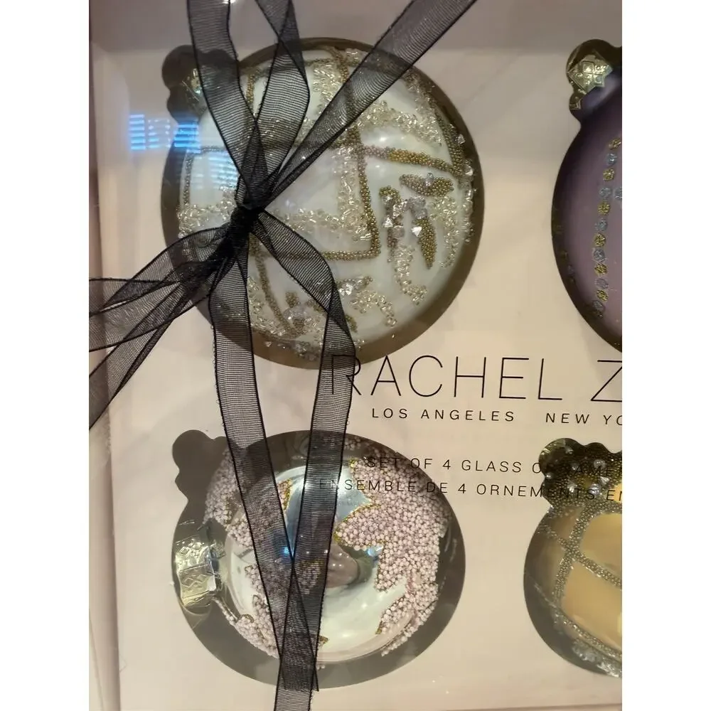 Rachel Zoe Silver Lavender Beaded Round Glass‎ Christmas Ornaments 4 Pc New!!